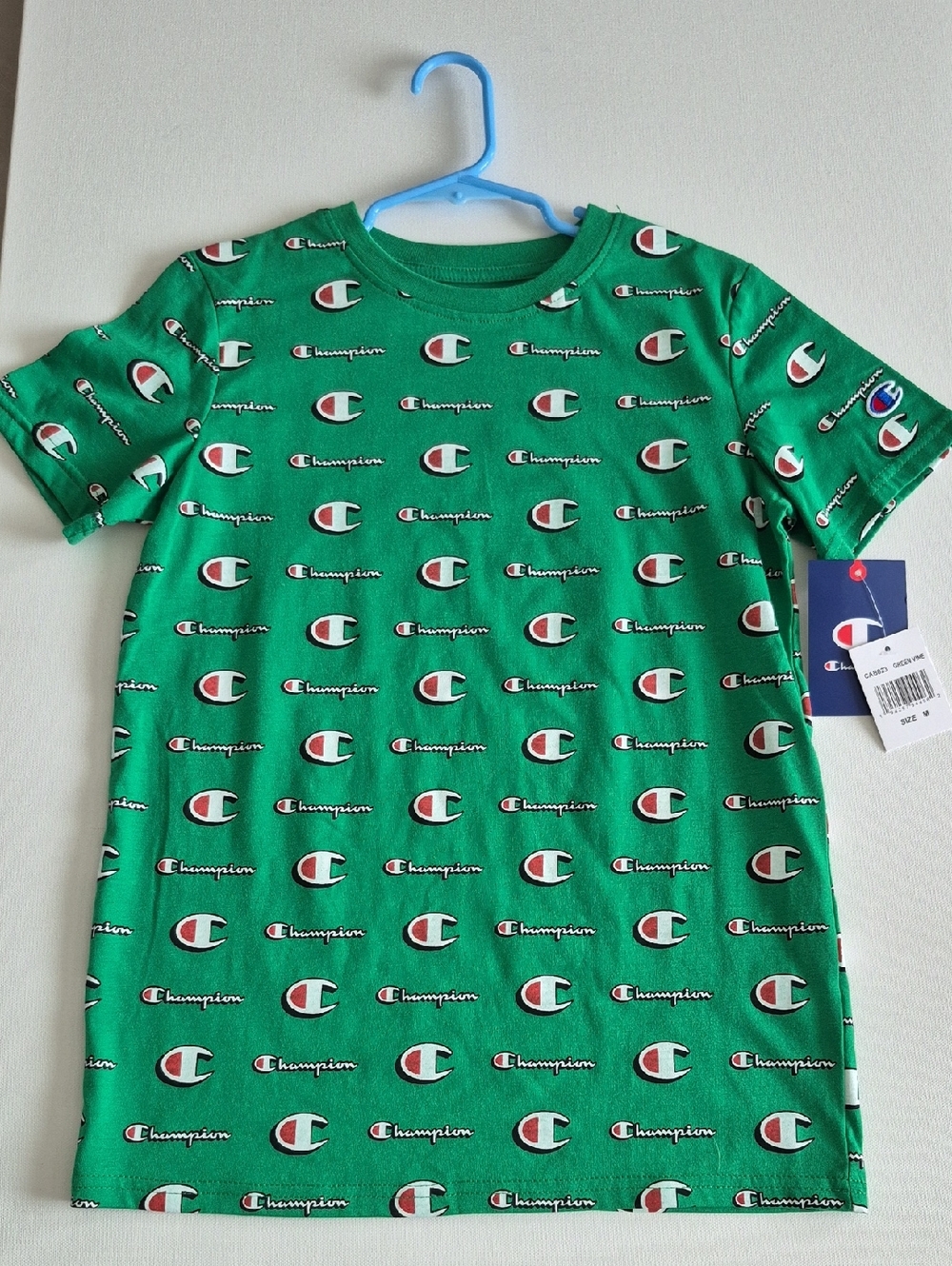 NWT Champion Kids Green Allover Logo Short Sleeve Tee